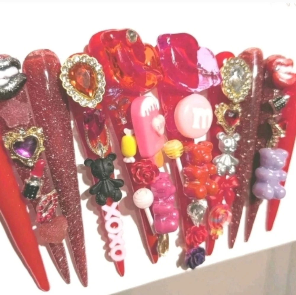 Red and Pink Decorative 4xl Acrylic Press On Nail Set Sz Medium